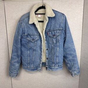 Vintage 70's Levi's Sherpa Denim Trucker Jacket Distressed Size 38 Made in USA